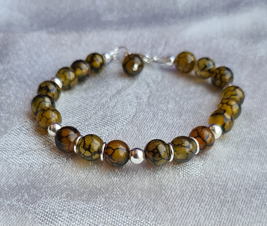 Unusual Dragons Vein Agate Bead Bracelet with Sterling Silver 