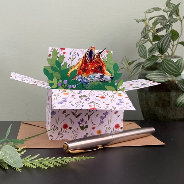 Fox card; Personalised, birthday or blank. Fox "pop up" gift card holder.