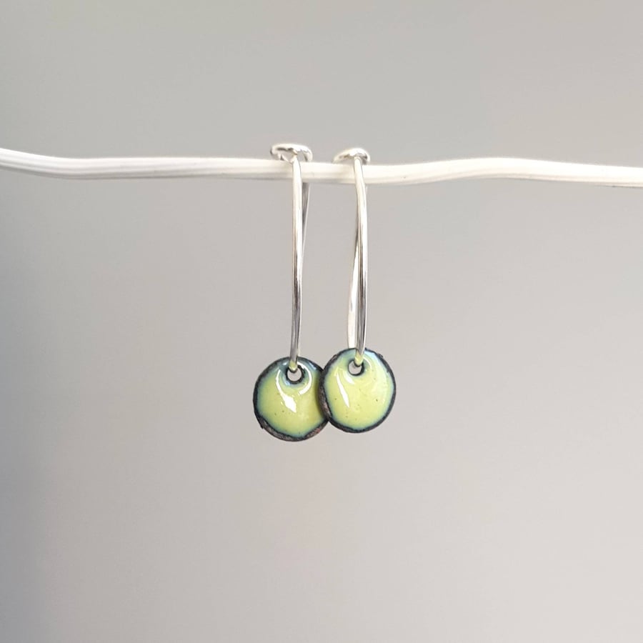 Silver Hoop Earrings with Green Enamel Charm