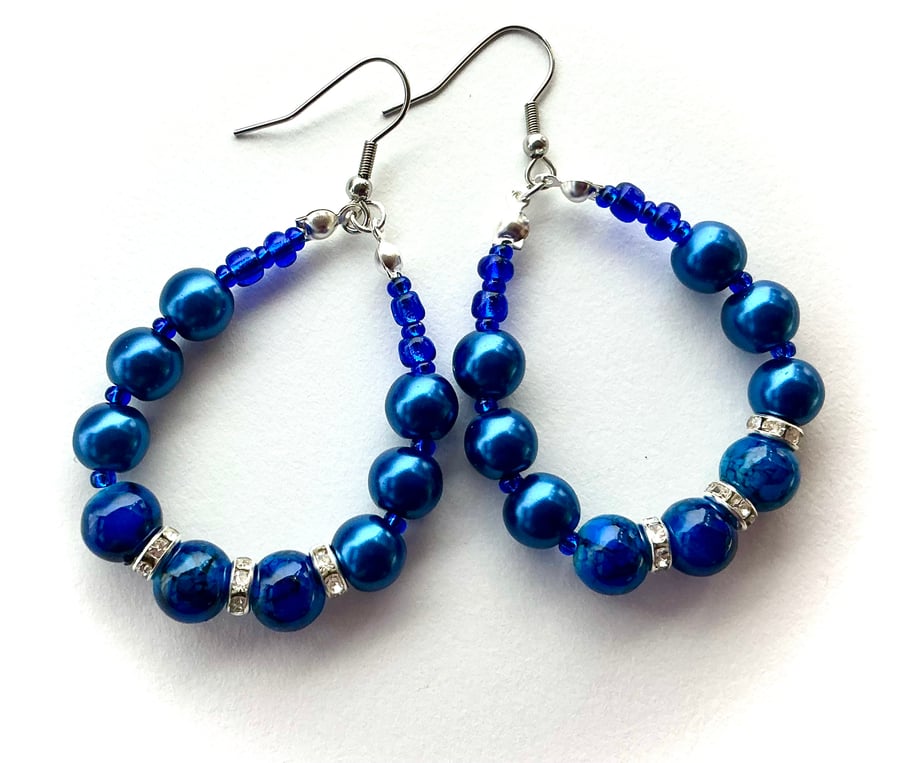 Dark Royal Blue Beaded Hoop Earrings