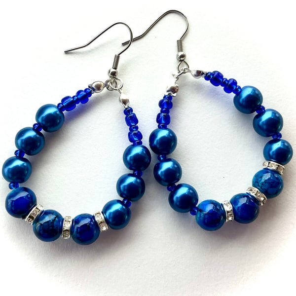 Dark Royal Blue Beaded Hoop Earrings