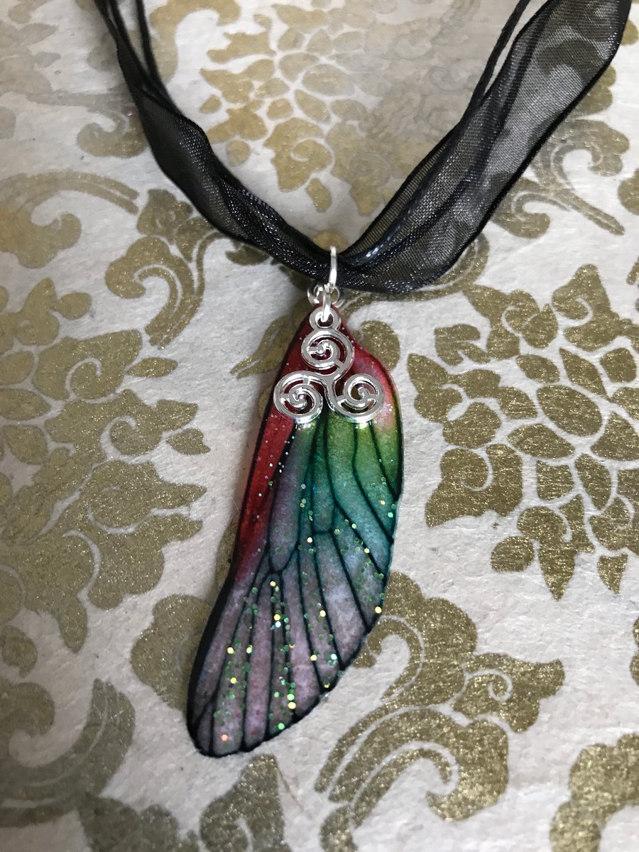 SALE Black Organza and Red and Green Triskelion Fairy Wing Pendant