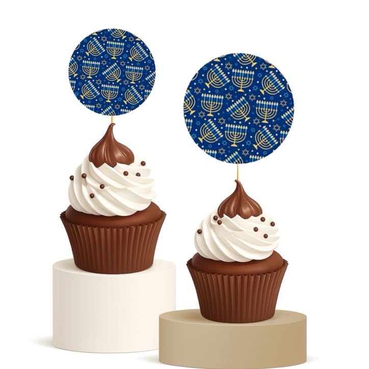 Hanukkah Cupcake Toppers 15pk Menorah Pattern Blue & Gold Party Decor