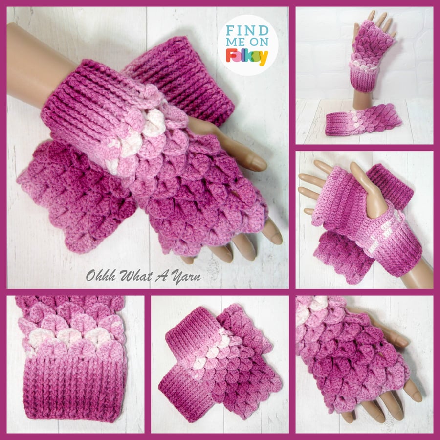 Dragon scale gloves in shades of pink. Fingerless gloves. Crocodile stitch. 