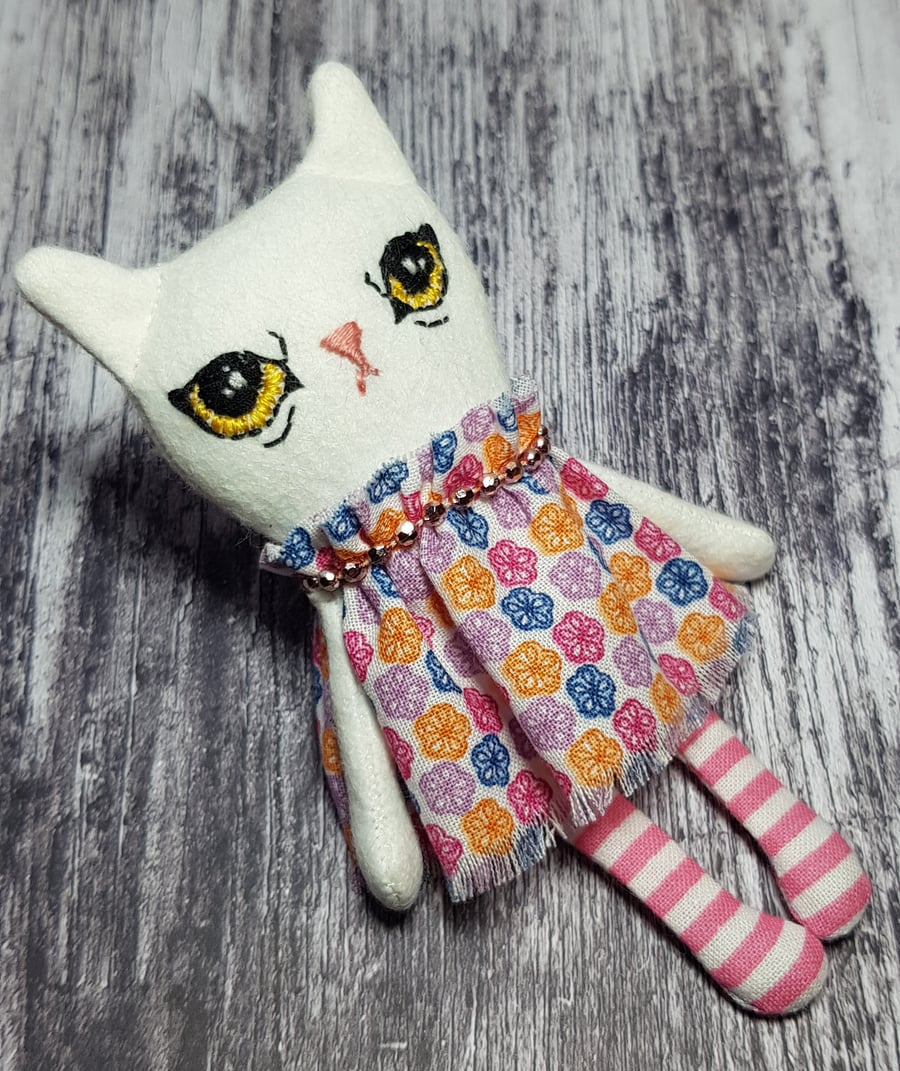 Handmade Miniature Cat Doll White & Yellow Eyes