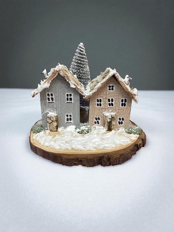Handmade Miniature Wooden Village, winter snow decoration