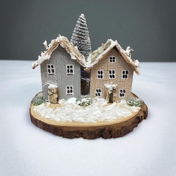 Handmade Miniature Wooden Village, winter snow decoration