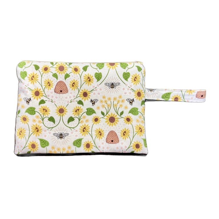Bee Wristlet Bag - Sunflower Zipped Pouch - Handmade Floral Clutch Bag