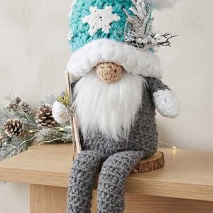 Large Hand-Crocheted Nordic Gonk: Teal Alpine Christmas Gnome Shelf Sitter