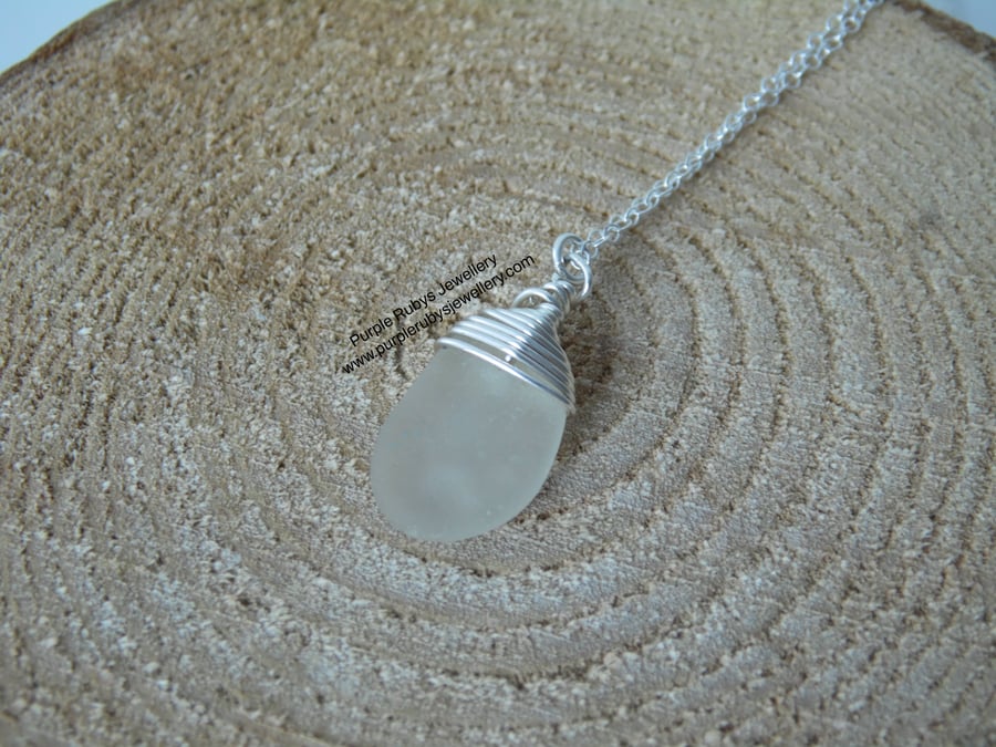 White Cornish Sea Glass Necklace, Sterling Silver N549