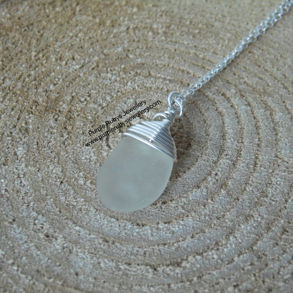 White Cornish Sea Glass Necklace, Sterling Silver N549