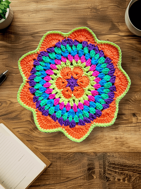 colourful retro crochet flower mandala doily