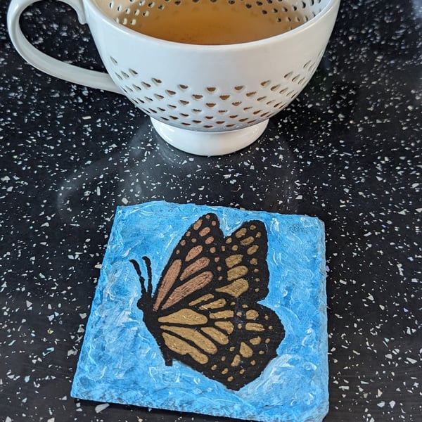 Black & Gold Butterfly Hand Painted Natural Slate Coaster Blue