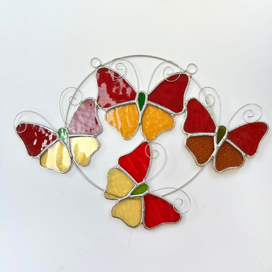 Stained Glass Butterfly Ring - Handmade Hanging Decoration - Red and Streaky Red