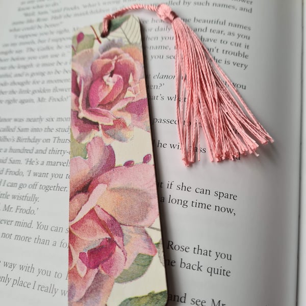 Wooden rose design bookmark decoupage floral design with tassel