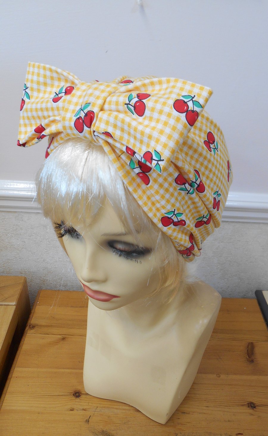 1940's 1950's style pull on yellow gingham cherry turban hat removable bow