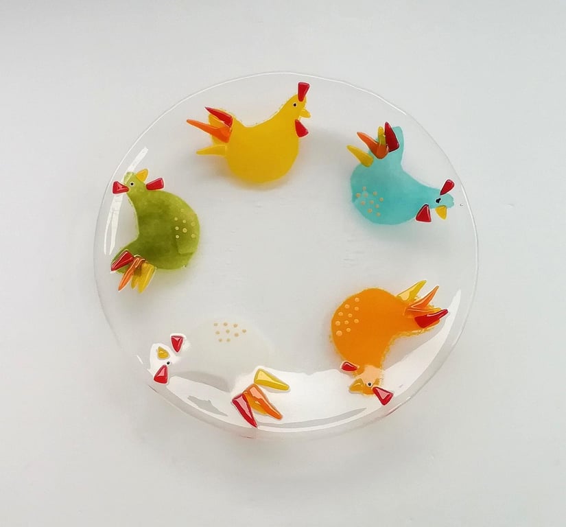 Fused glass chicken bowl, glass art cockerels, cottagecore, fruit bowl, kitchen 