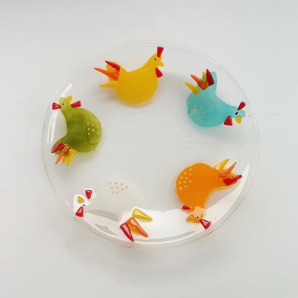 Fused glass chicken bowl, glass art cockerels, cottagecore, fruit bowl, kitchen 