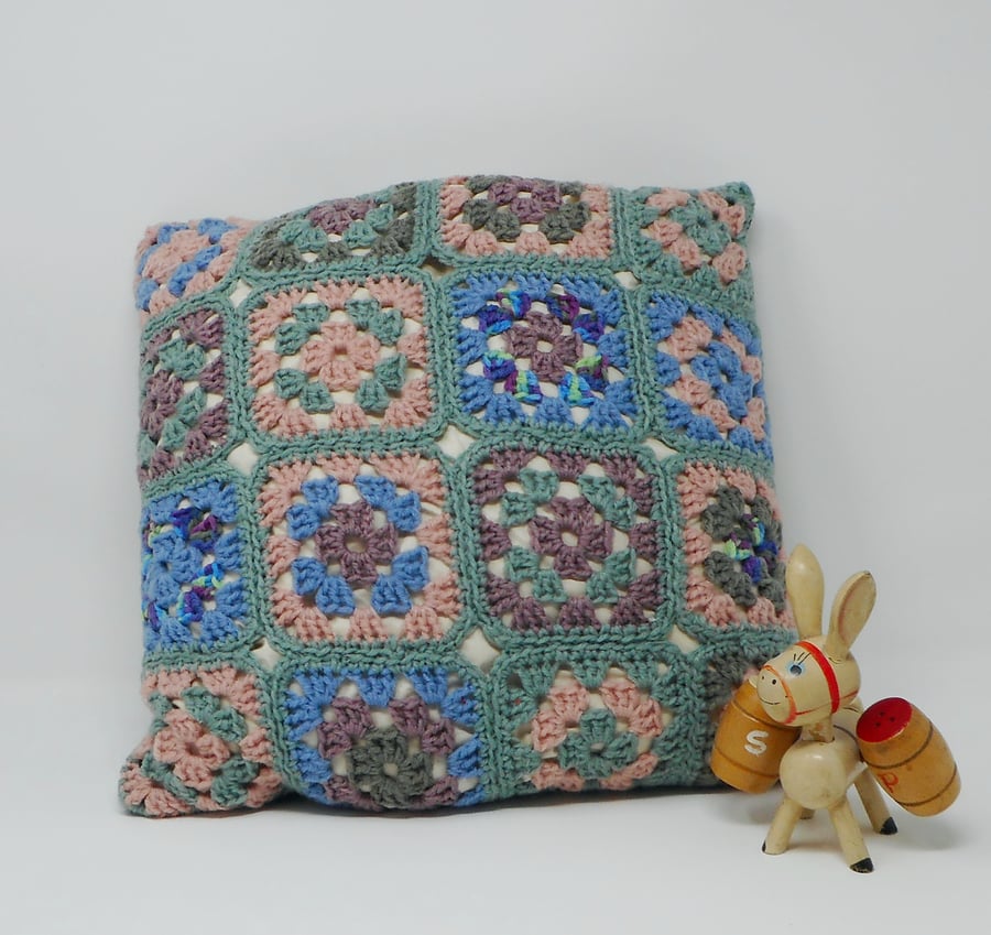 Crochet Granny Square cushion cover - Cool Sage