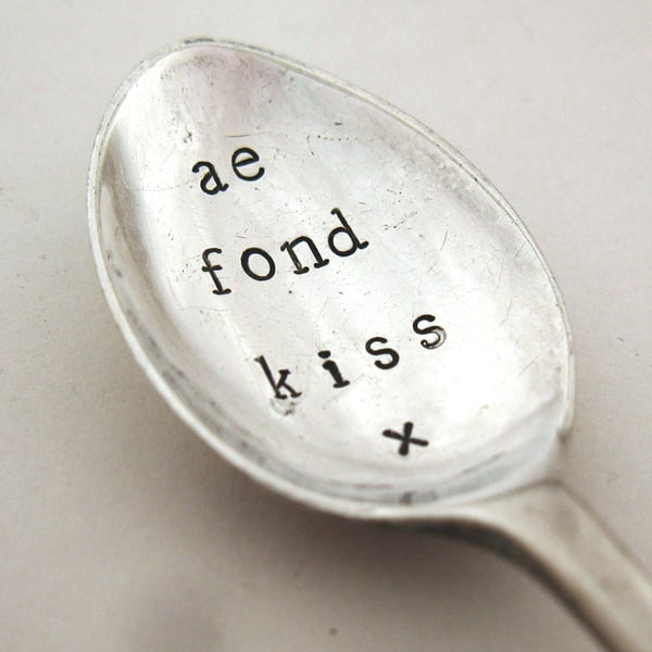 Ae fond kiss, coffeespoon handstamped with Burns quote, Scottish thistle