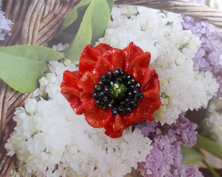 Large Clay RED POPPY BROOCH Remembrance Lapel Flower Pin HANDMADE HANDPAINTED