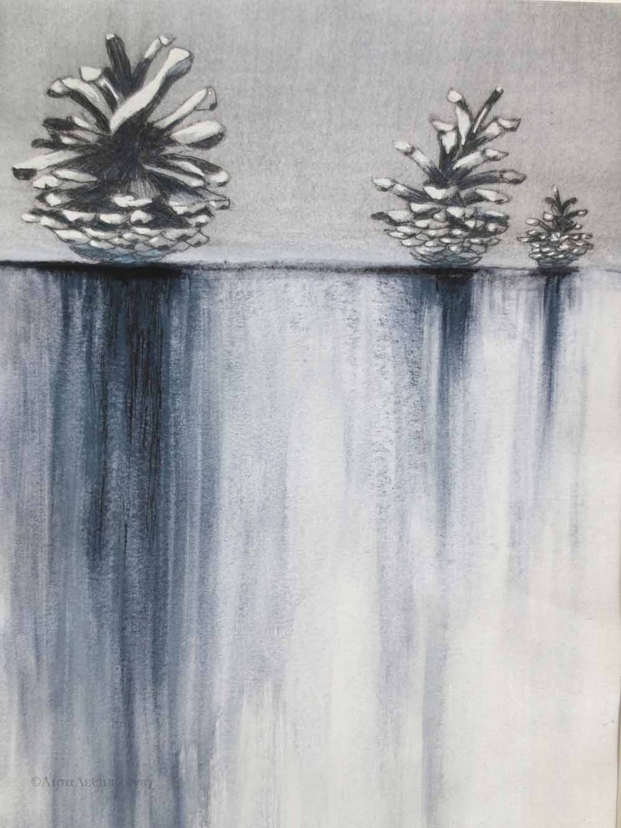 Original mixed media art of three pine cones in tones of grey