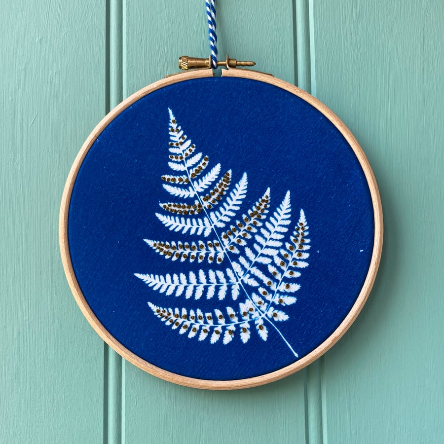 Fern Cyanotype Embroidery hoop with French Knots Seconds Sunday