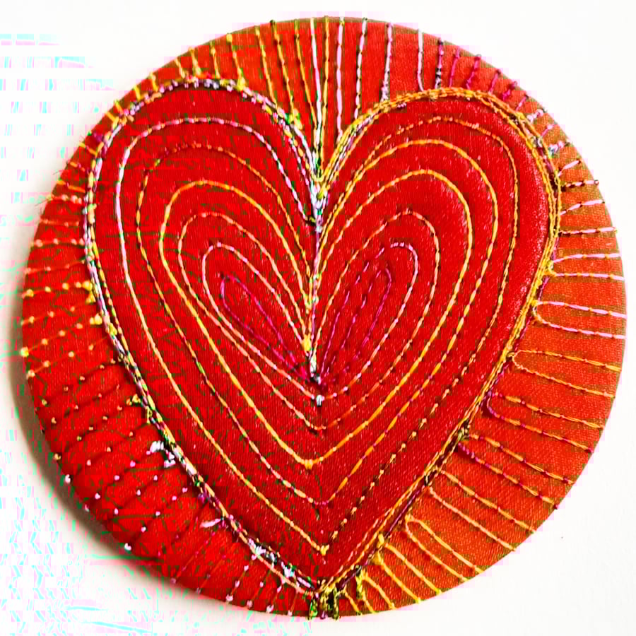 58mm Fabric Badge with Free Machine Embroidery Red Heart