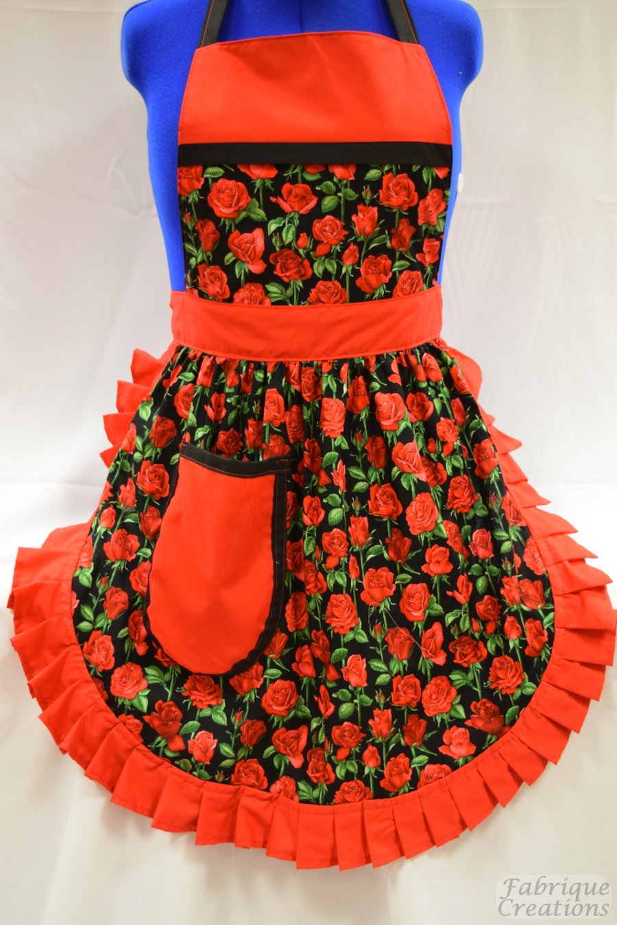 50s Style Full Apron - Nutex - Red Roses (Stems) on Black with Red Trim