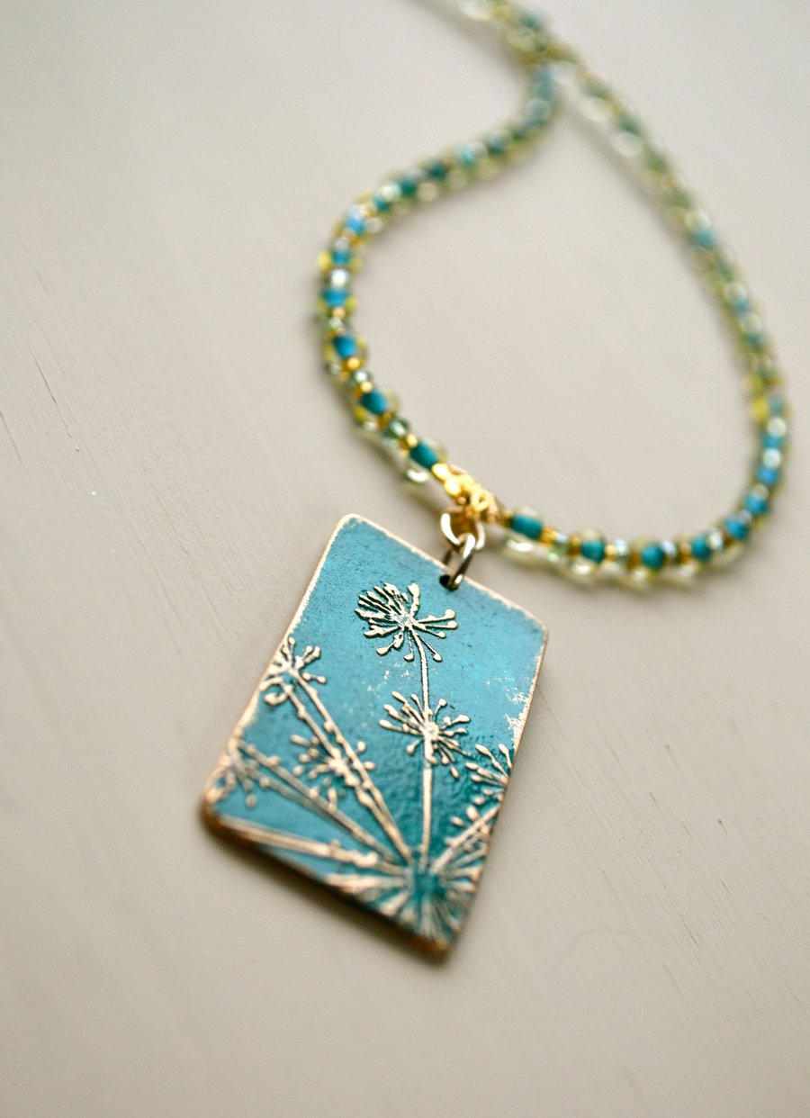 Artisan Bronze Pendant, Teal Necklace, Queen Anne's Lace, Floral Necklace