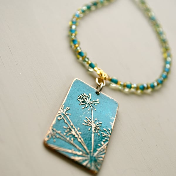 Artisan Bronze Pendant, Teal Necklace, Queen Anne's Lace, Floral Necklace