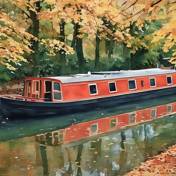 Autumn Narrow Boat A5 Greeting Card 