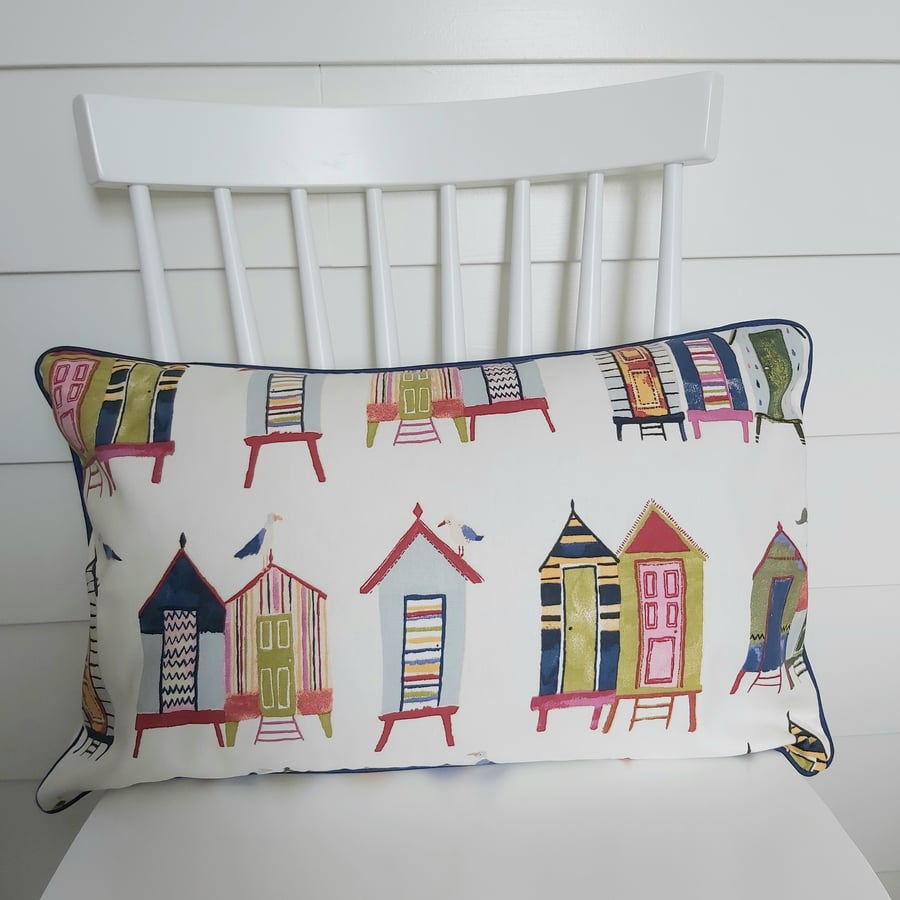 Beach Huts  Cushion Cover with navy Piping