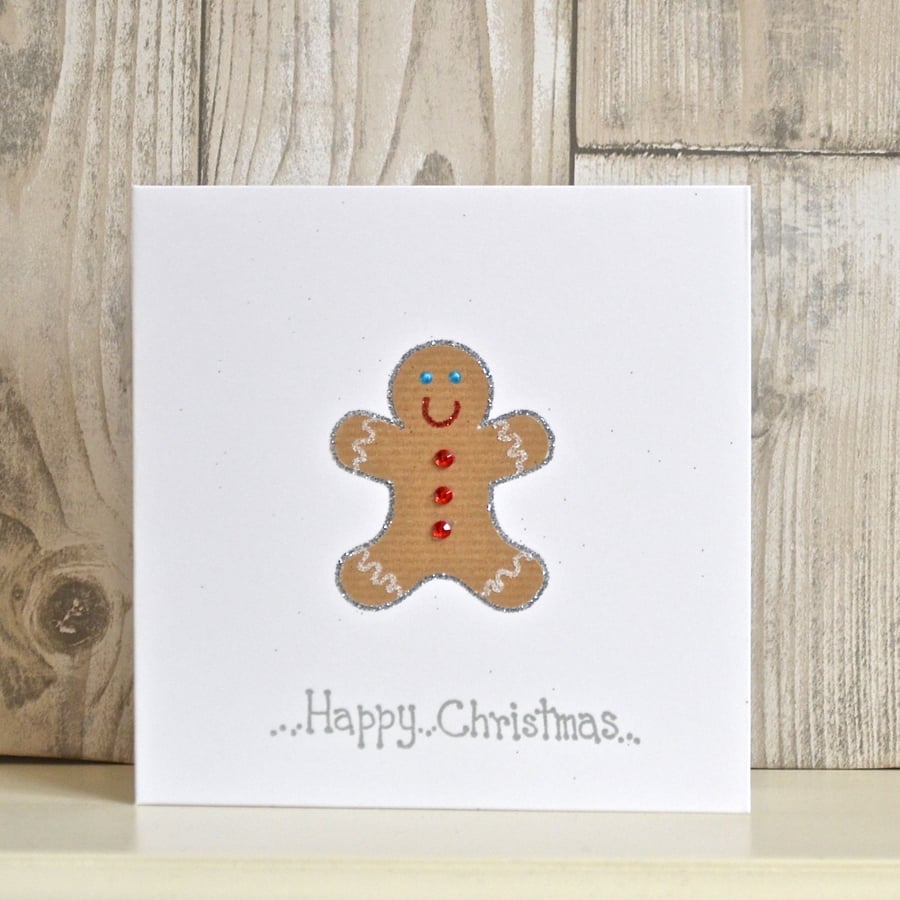 Handmade fun glittery Christmas card - gingerbread man hand crafted cute