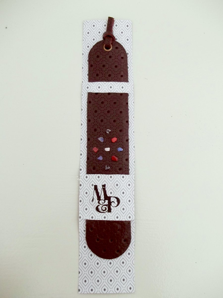 Floral Patterned Brown Leather Bookmark With Healing Crystals, White Quartz Cent