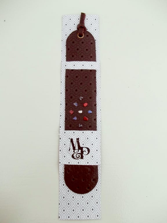 Floral Patterned Brown Leather Bookmark With Healing Crystals, White Quartz Cent
