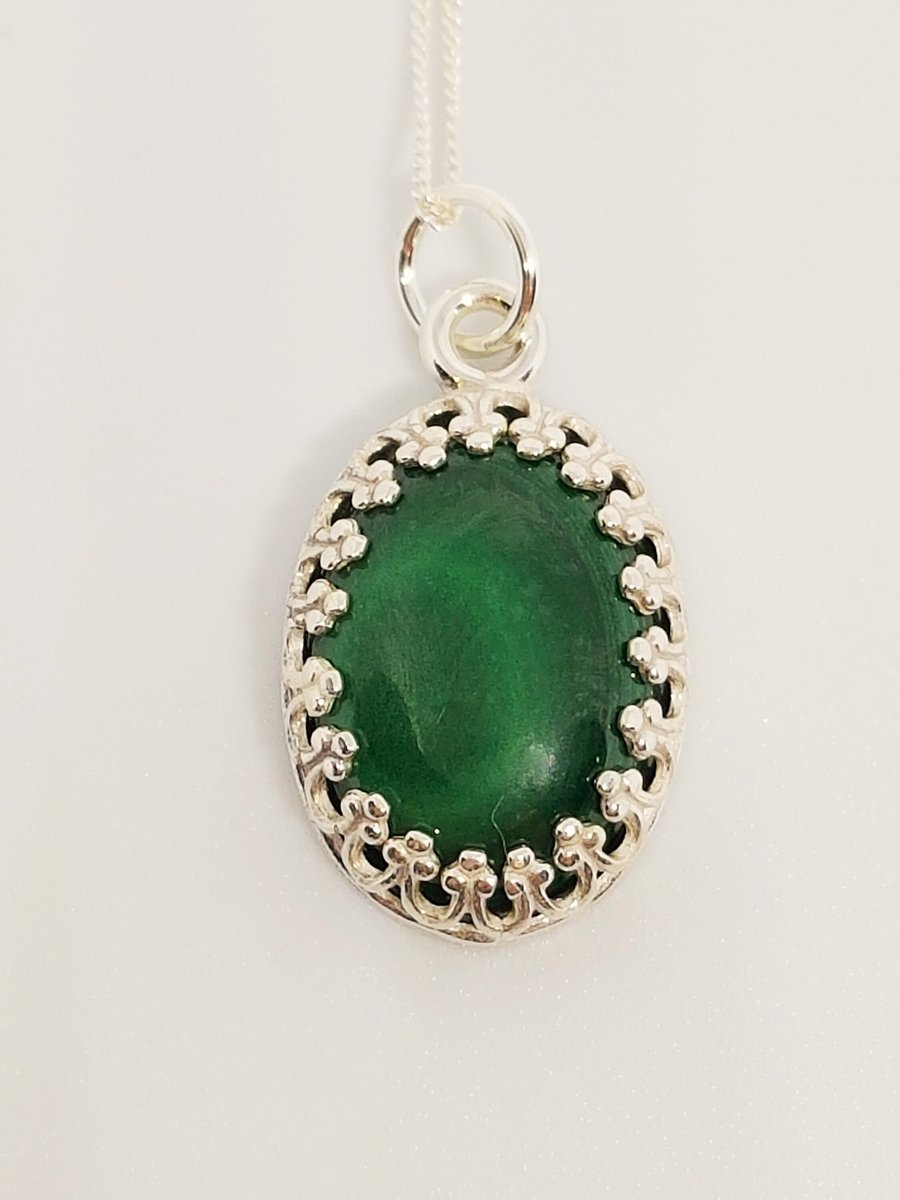 Green Malachite Gemstone Sterling Silver Oval Pendant