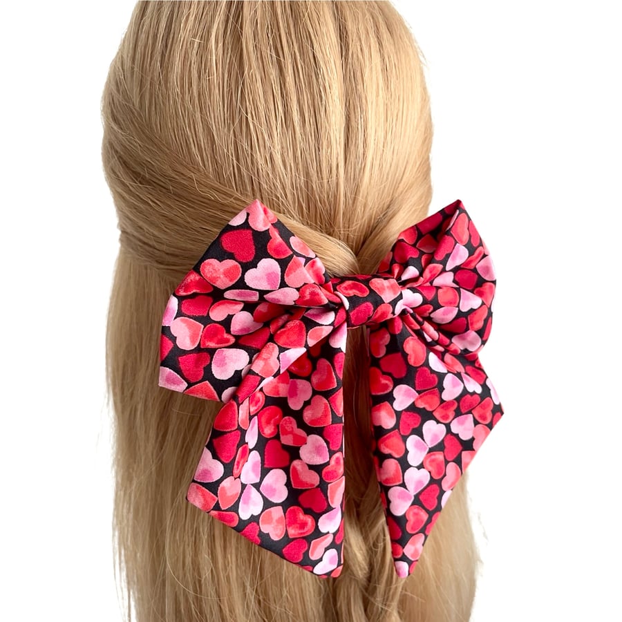 Oversized heart print Valentines Day hair bow clip for women