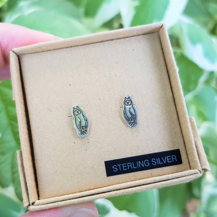 Sterling silver owl stud earrings