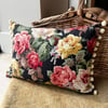 Vintage Rose Barkcloth rectangular cushion cover with pompom trim