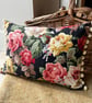 Vintage Rose Barkcloth rectangular cushion cover with pompom trim