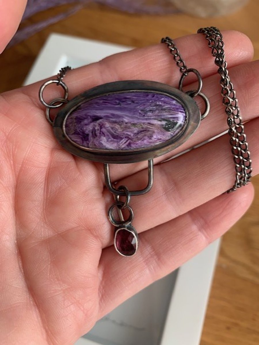 Beautiful  Rare Charoite with a scenic picture & a pink tourmaline necklace
