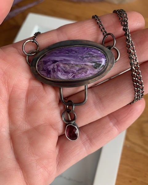 Beautiful  Rare Charoite with a scenic picture & a pink tourmaline necklace