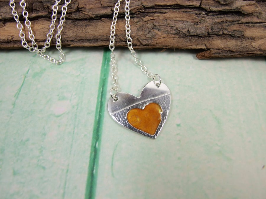 Pendant, Silver Heart Enamel Necklace, Orange Heart in Heart Love Token