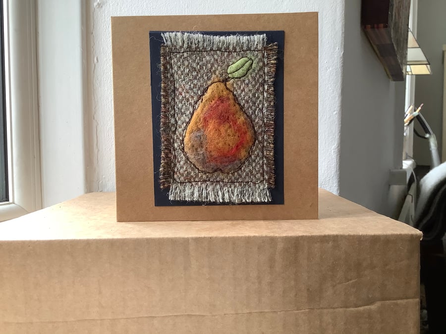 Original handmade greeting card with a needle felted pear. Blank. Valentine card