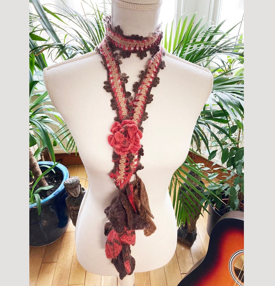 Chunky Dusty Rose Crochet Flowers Knitted Necklace-Neck Wrap 