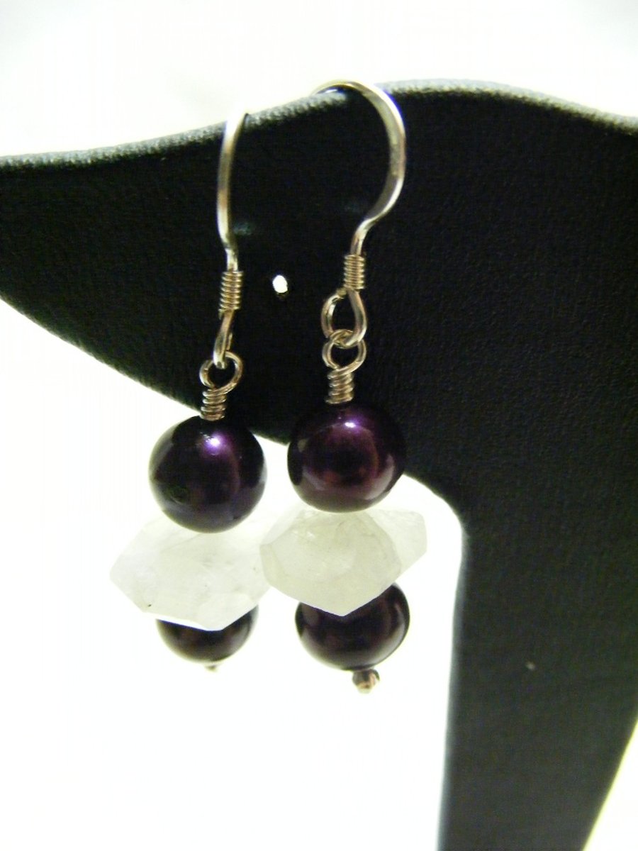 Purple Cultured Pearl and White Moonstone Earrings