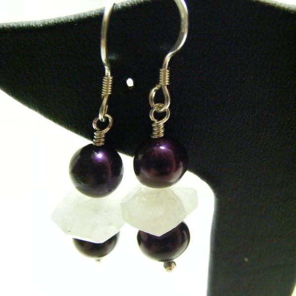 Purple Cultured Pearl and White Moonstone Earrings