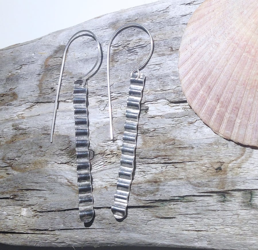 Corrugated Hammered Sterling Silver Dangle Earrings - UK Free Post