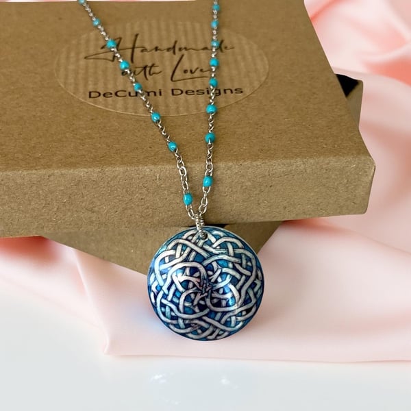 Celtic necklace, teal turquoise 25mm round pendant, handmade jewellery (CP11)
